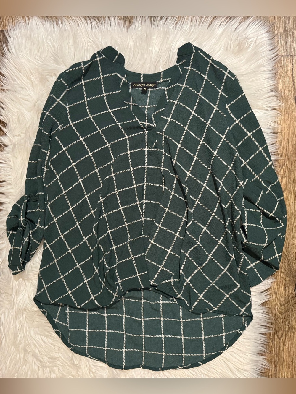 Always Indigo Women’s M Green Windowpane Plaid Career Blouse Roll Tab